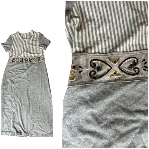 Vintage Gray Stripe Beaded Cotton Long Shirt Dress / Women’s Medium P - - Picture 2 of 4